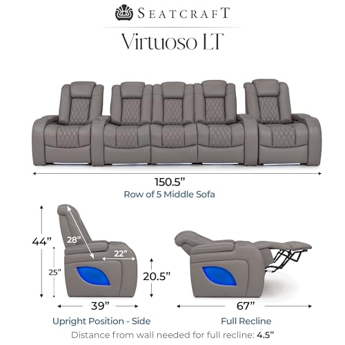 Image of Seatcraft Virtuoso LT Gray Italian Leather Home Theater Seating, Zero Gravity Power Recliner, Heat and Massage, Powered Headrest and Lumbar Gaming and Home Office Chair, Row of 5 Middle Loveseats