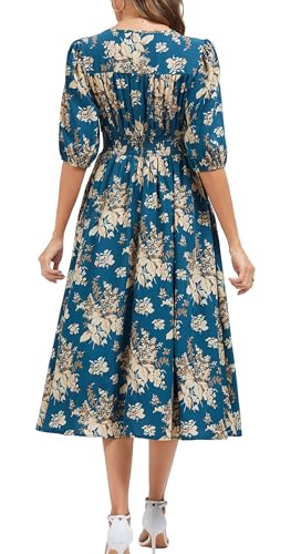 Image of Kormei Women Casual Boho V Neck 3 /4 Sleeve Smocked Waist A Line Flowy Swing Midi Dress Smocked Long Dress