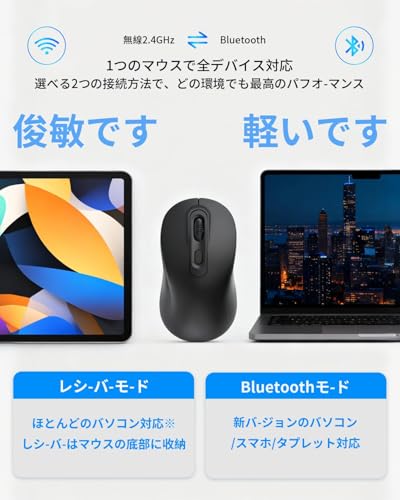 マウス【2026 人気】 Quiva マウス 無線 ワイヤレスマウス Bluetooth 5.2 + 2.4GHz 静音 瞬時接続 握りやすい 3段階DPI切替 Type-c充電式 省エネ 光学式 高感度 高精度 高耐久 携帯に便利な Mac/Windows/Surface/PC/Macbook対応 (ブラック)