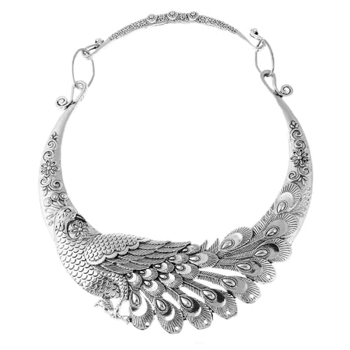 AWESE Women Vintage Ethnic Carved Silver Peacock Chunky Bib Collar