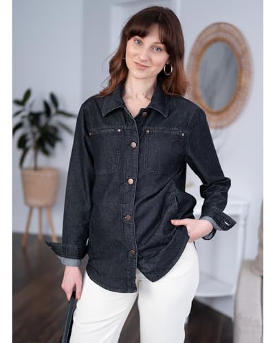 Roskiky Damen Jacken Damen Herbst Outfit Schwarzer Mantel Mit Tasche Western-Arbeitsjacke Faded Black M