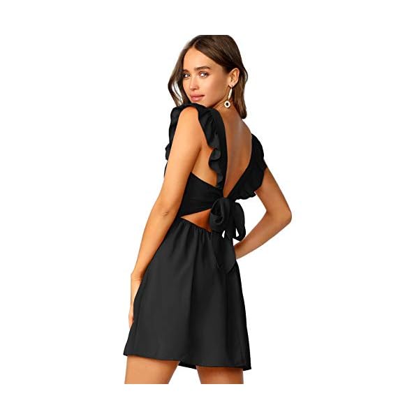 Romwe-Womens-Cute-Tie-Back-Ruffle-Strap-A-Line-Fit-and-Flare-Flowy-Short-Dress ROMWE Women's Cute Tie Back Ruffle Strap A Line Fit and Flare Flowy Short Dress Black M