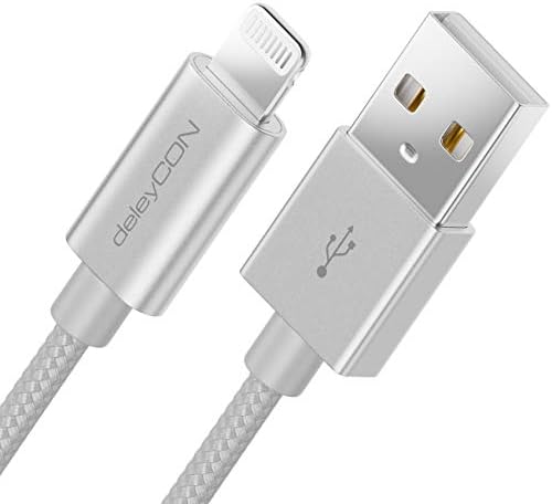 deleyCON 0,5m Lightning 8-Pin Kabel USB MFI Kompatybilny z iPhone 14 Pro Max 14 Pro 14 Plus 14 SE 13 Pro Max 13 Pro 13 Mini 12 Pro Max 12 Pro 12 Metalowa Wtyczka i Kabel Nylonowy - Srebrny