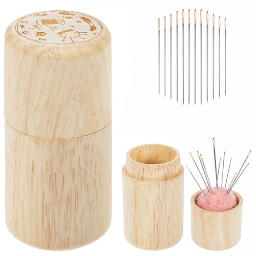 Image of Sewing Needle Holder Case Portable Versatile Container for Sewing Needles Wooden Storage Case and Lid with 12 Needles Craft Pincushion for Sewings Essentials, Craft Supplies, Travel Friendly Organizer