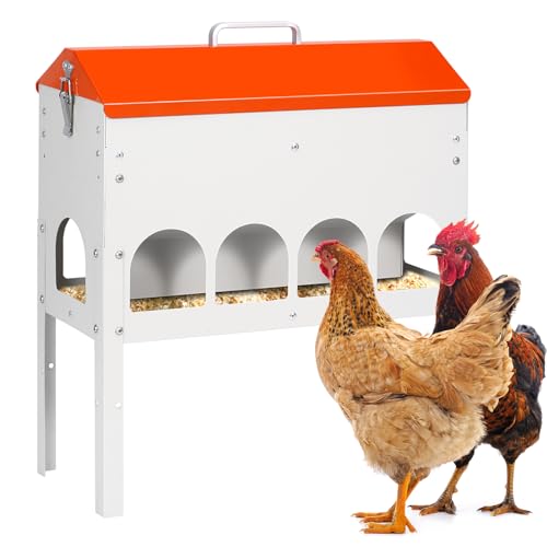 BREUAILY Mangeoire Automatique à Poulet de 10lb en Acier Inoxydable Distributeur Graines Poules avec 10 Ports d'alimentation et Pieds Réglables Mangeoire...