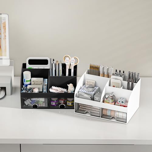 Desk Organizer with 6 Compartments and 2 Drawers, Plastic Makeup Organizer, Pen Holder for Desktop Storage, Desk Organization for School, Home, Office Supplies (Black) - Image 6