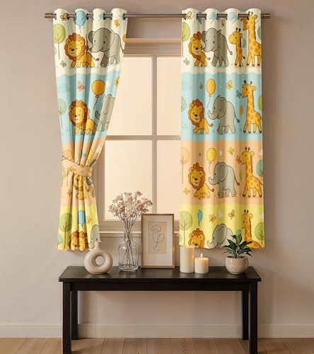Image of Ultimate Trends Light Filtering Kids Curtain | Fairy, Dragon Castle, Safari & Jungle Animal Prints | for Kids Room Doors and Window | 6 FEET Pack of 2 |Savannah Pastel