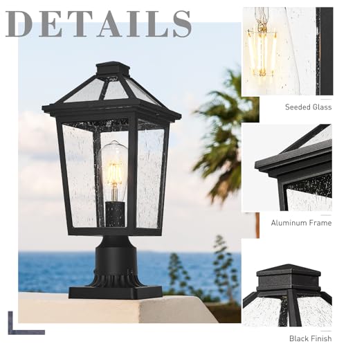 Image of zeyu 16.5-Inch Outdoor Post Light, Black Aluminum, Seeded Glass, ZX58MP BK | Die-Cast Aluminum Post Lantern Fits a 3-Inch Base, Post, or Pole; Uses One E26 Bulb Up to 100W, Sold Separately.