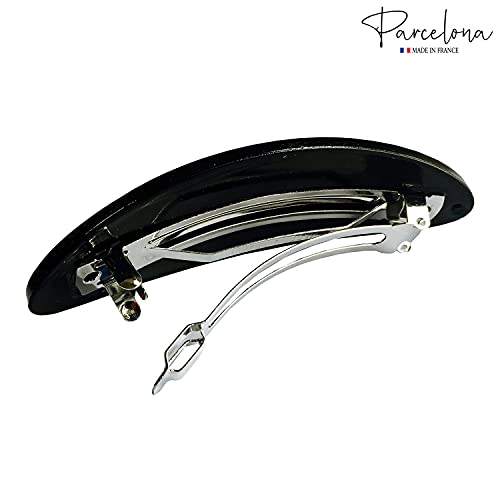 Parcelona French Oval Celluloid Glossy Black Automatic Hair Clip Barrette Hair Clip For Girls Strong Hold No Slip Durable Women Hair Accessories thumb #4