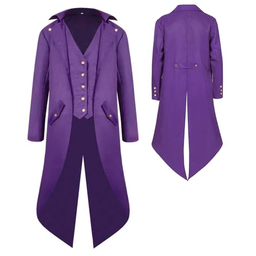 YQVGFBY Mens Gothic Steampunk Tailcoat Men Medieval Victorian Vintage Jacket Uniform Long Tuxedo Renaissance Pirate Vampire Party Cosplay Costumes for Adults Men (Purple XL)