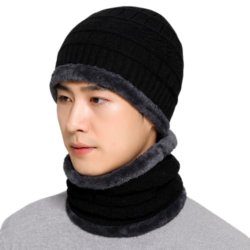 Winter Knit Beanie and Neck Warmer Set, Black, Fleece Lined, 2 Piece Set for Cold Weather-image-30