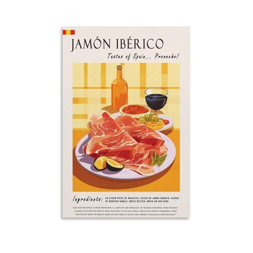 FUPMTKLT Spanish Jamon Iberico Food Poster Retro Restaurant Poster Spanish Cuisine Kitchen Dining Room Poster Canvas Poster Bedroom Decor Landscape Office Room Decor Gift 20x30inch(50x75cm)