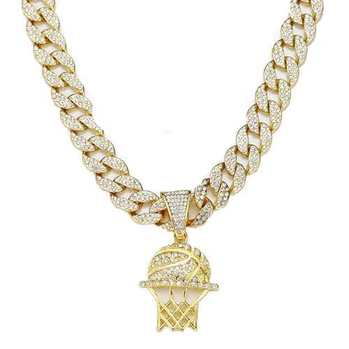 Xikui Miami Cuban Pendant Necklace, Ice Out Chain, Sport Fan, Hip-Hop Jewelry for Men Women, 20inch (gold basketball)