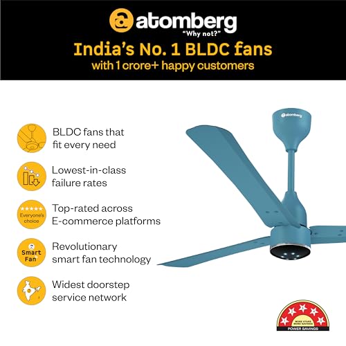 Image of atomberg Renesa Halo Smart Alexa Enabled 1200mm BLDC Ceiling Fan with Remote | BEE 5 star | High Air Delivery | Low noise | LED Speed Indicator | Sleek Design | | 3 Year Warranty |Aegean Blue