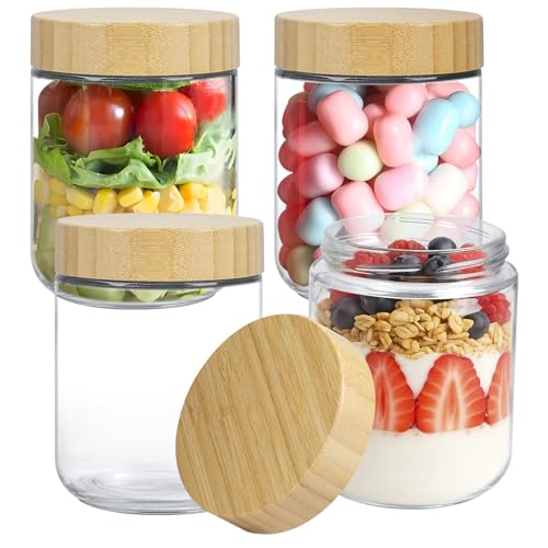 ECOSEAO Tarros de vidrio con tapas, 4 tarros de avena durante la noche, recipientes de vidrio de almacenamiento de alimentos de 16 onzas, tarro de vidrio para té, café, aperitivos, yogur, especias y