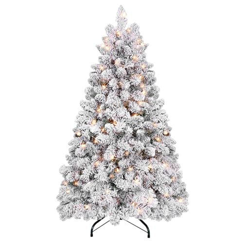Maylaviu 4 ft Prelit Flocked Christmas Tree with Pine Cones & 150 UL Lights, Snow Frosted Artificial Christmas Tree with Auto Hinged Stand for Holiday Decor