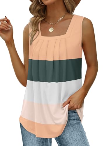 Image of Saloogoe Summer Tank Tops for Women Loose Fit Pleated Square Neck Sleeveless Tops Curved Hem Flowy