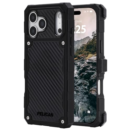 Image of Pelican Shield iPhone 17 Pro Max Case - Compatible with MagSafe - Carbon | Rugged Phone Case w /21ft Military-Grade Drop Protection - Heavy Duty Phone Cover w /Belt Clip Holster for iPhone 17 Pro Max