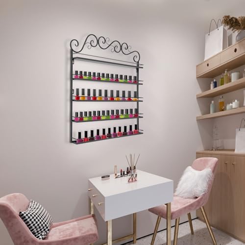 Image of 5-Tier Wall Mount Nail Polish Rack, Black Metal Storage for 100-120 Bottles | Protective Strips | Cosmetic & Essential Oil Storage Shelf Display Organizer | For Home Salon, Spa Shops & Vanity