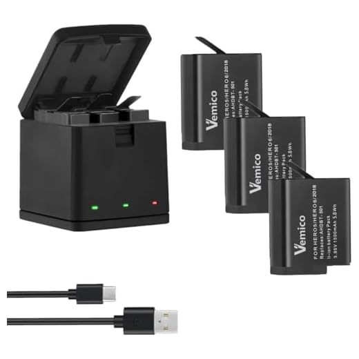 Vemico Hero 7/6/5 Batterie Chargeur Kit 3 Pack 1500mAh Remplacement Batteries Type-C LED Chargeur 3-Canaux pour Hero 7 Black/ 6/5 Black/Hero 2018 (Compatible avec l'original)