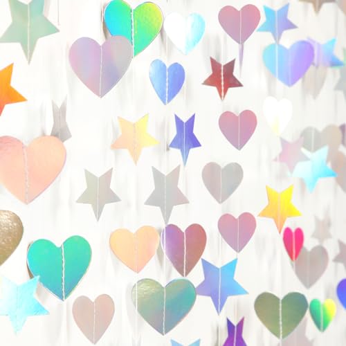 Iridescent Disco-Holographic Party-Decorations Star Heart-Garland - 52Ft Valentines Day Neon Wedding Hanging Paper Streamers Banner,Birthday Bachelorette Baby Bridal Shower Engagement Decor Ouruola