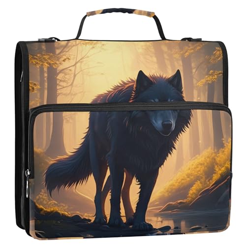 ジップアップバインダーオーガナイザー ブラックウルフ 秋の森 1.5インチ 3リングバインダー 高耐久 カスタムキーパーバインダーバッグ ストラップ付き 学校収納 ポートフォリオフォルダー ハンドル付き