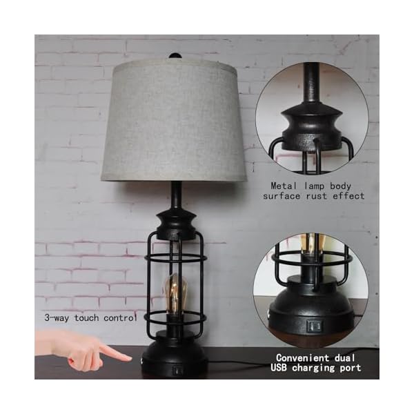Table Lamps Set of 2 with USB Port 3 Way Dimmable Touch Lamps 28.5" Tall Rustic Industrial Living Room Lamps for Bedroom Bedside Office 4 Bulbs Included - Image 5