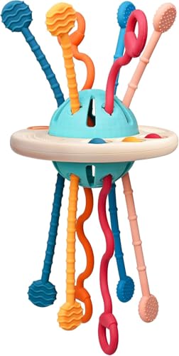 Image of Pull String Sensory Toy for Toddlers | Teething Toy for Babies 6+ Months | Montessori Fine Motor Skills | Food Grade Silicone | UFO Shape | Gift for Baby Boy Girl Toddler (UFO), Blue