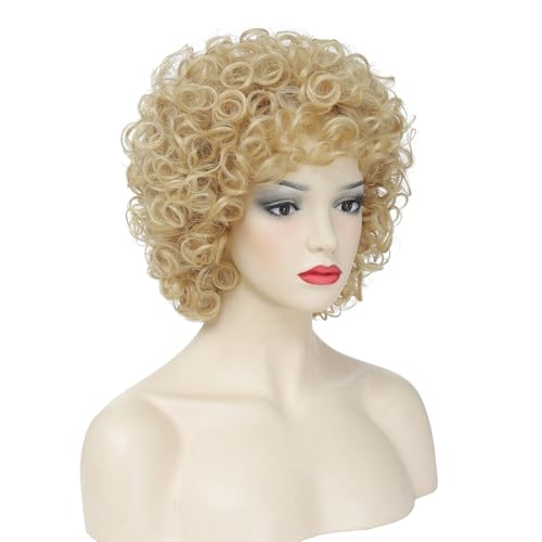 Image of Women's short curly wig, 70s disco style afro wig, wig for Halloween cosplay and parties (Light Blonde)