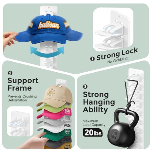 2 Pack Hat Organizer for Baseball Caps, Detachable DIY Hat Rack for Wall Hat Holder Hold up to 22 Hats, Baseball Cap Organizer Cap Holder Hat Hangers for Wall Closet Door Bedroom (C-White) - image 6