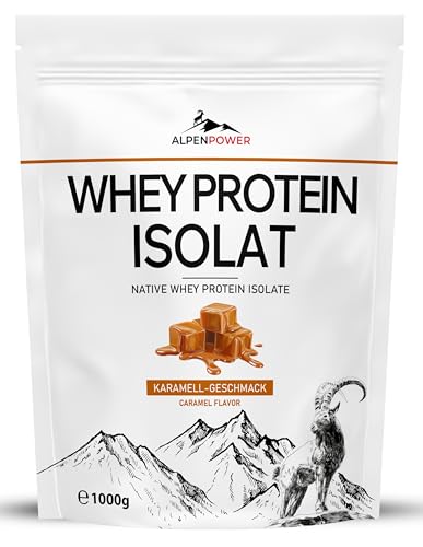 AlpenPower Native Whey Isolat Hochreines Molkenprotein aus Alpenmilch 84% Protein laktosearm ohne Zusatzstoffe Muskelaufbau & Regeneration (1 kg Karamell)