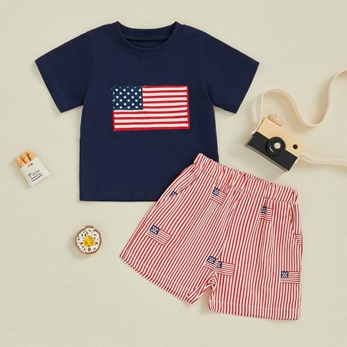 Image of Kayotuas Fourth Of July Toddler Boy Outfit Baby American Flag Clothes Patriotic Shirt Striped Gingham Shorts 2Pcs Summer Sets
