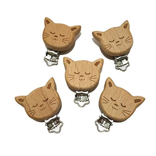 Image of 5pcs Natural Wood Suspender Pacifier Clips Cute Beech Wooden Animal Cat Shape Clips DIY Beading Pacifier Chain Accessory
