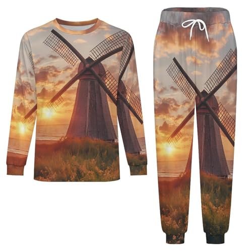Dutch Windmill Sunset Pajama Set Long Sleeve Lounge Sets Sleepwear 2 Pjs Nightwear for Men Women3
