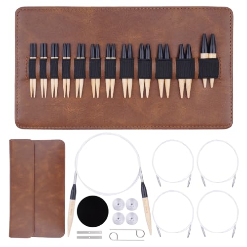 Image of WAZAIGUR 2.16 inch Short Interchangeable Bamboo Circular Knitting Needles Set | 12 Sizes 3-8mm /US 2.5-11, 12 Pairs, 4 Cables, Bamboo Shorties Needles Kits for Knitting Projects - Beginners /Enthusiast, Gift