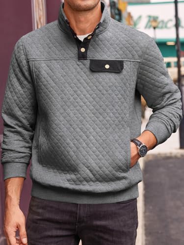 Runcati Mens Quilted Sweatshirt Stand Collar Casual Diamond Pullover Long Sleeve Quarter Button Sweatshirts2