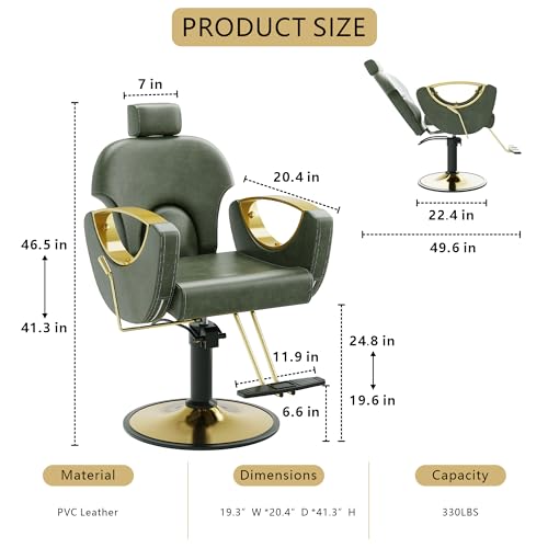Image of Barber Chair, Reclining Hair Salon Chair, 360 Degrees Swivel Styling Chair, Height Adjustable Hydraulic Shampoo Chairs, Spa Equipment (Green)