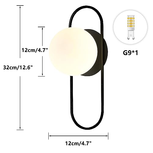 Image of Mid Century Modern Round Wall Sconce 1-Lights Black Globe Wall Sconce Lighting Minimalist Vanity White Glass Bathroom Wall Lamp Farmhouse Bedroom Bar Wall Light