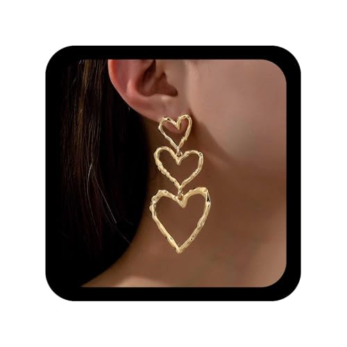 Image of Cybche Vintage Long Heart Dangle Earrings Textured Gold Heart Earrings Love Hearts Drop Earring Large Open Hearts Earring Geometric Statement Stud Triple Love Drop Jewelry for Women