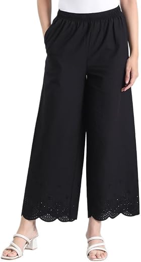 GO COLORS Women’s Cotton Hakoba Palazzo | Ankle Length, Schiffli Embroidery, Relaxed Fit, Mid-Rise with Side Pocket