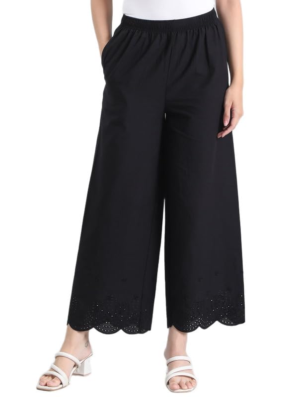 Image of GO COLORS Women's Cotton Hakoba Palazzo | Ankle Length, Schiffli Embroidery, Relaxed Fit, Mid-Rise with Side Pocket