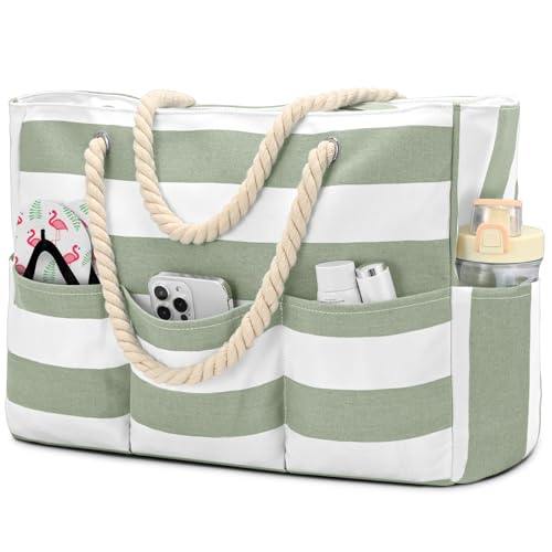 oscaurt Beach Bags for Women Waterproof Sandproof Large Beach Tote Bag Canvas Swim Pool Bag with 7 Pockets Beach Essentials Light Green