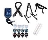 Epic Guitar Accessories Bundle Kit Comes With Guitar Stand, Guitar Strap with Pick Holder Slots, Medium Glass Guitar Slide, 12 Guitar Picks, Guitar Capo, Guitar Tuner with Clip