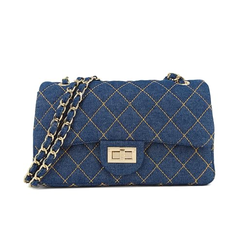 M-ioi-M Quilted Denim Crossbody Bag for Women, Classic Double Flap
