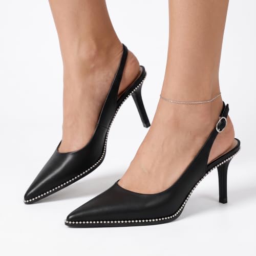Image of YODEKS Slingback Heels for Women Pointy Toe Beaded Heels Close Toe Kitten Heel Pumps 2.5 Inch Stiletto Pumps Wedding Party Dressy Shoes