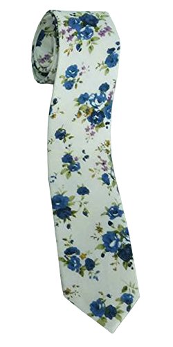 D&L Menswear Men's White Blue Floral Tie Cotton Printed Skinny Necktie