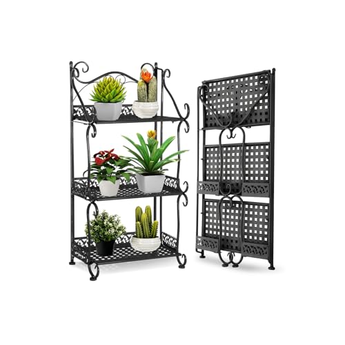 BTGGG Outdoor Plant Stand 3 Tier Foldable Metal Plant Stand Storage Rack Shelf Black Plant Pot Stand...