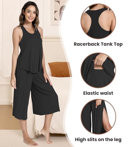 Image of NACHILA Bamboo Viscose Pajamas for Women Racerback Tank Capri Set | High Side Slits Design, Unrestricted Movement, Cooling Feel, Relaxed Loose Fit, for Hot Sleepers