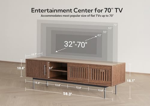 Image of Claiks Mid Century Modern TV Stand for TV up to 70 inch, Entertainment Center with Sliding Barn Doors & Adjustable Shelve, Retro Low Profile Media Console TV Table for Living Room, Walnut