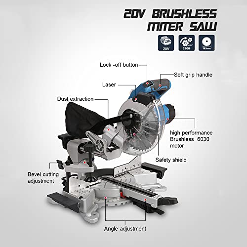 dsfen Gehrungssäge, 20 V, 185 mm, 7-1/4 Zoll, Kappsäge mit 3 n, 3500 U/min, Schrägschnitt (0°-45°) mit, Verlängerungstisch, Eisen-nschutz, Schneiden von Holz, PVC oder Weichmetall – Bild 8